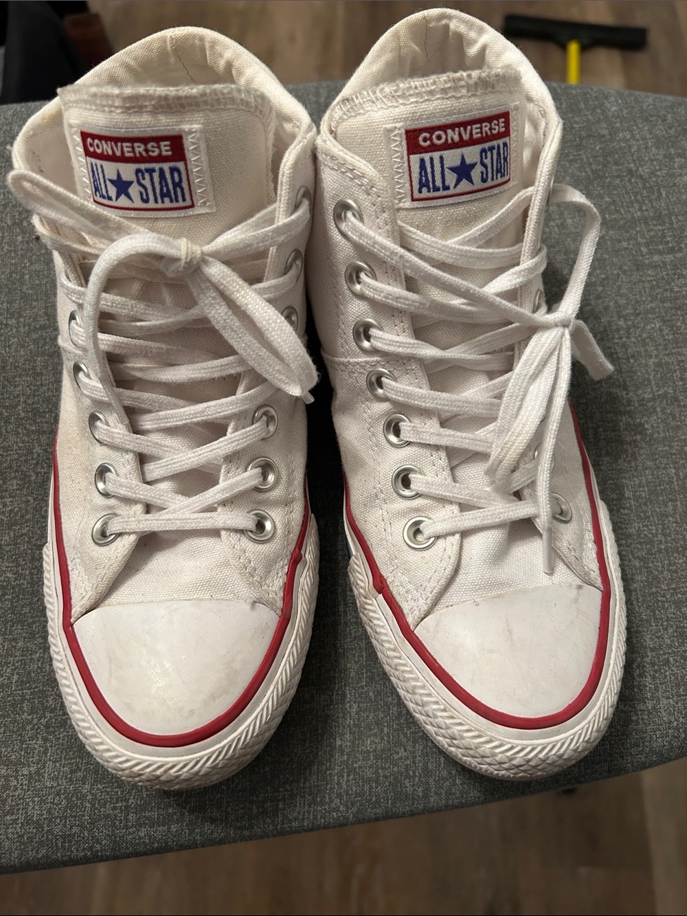 Converse White High Top Sneakers with Red & Blue Stripe - Picture 2 of 3